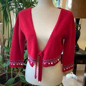 Free People Red Beaded Tie Front Sweater